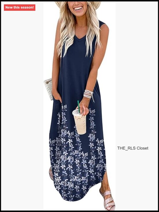 Dresses & Skirts - Maxi Dress with Pockets, V Neck, Sleeveless, Loose Fit, Rayon Polyester Blend